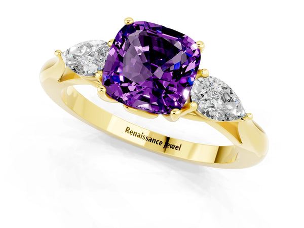 Yellow gold Three-Stone Cushion Cut Amethyst Ring with Pear  Side Stones in Four-Prong Setting