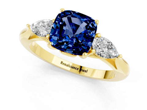 Yellow gold Three-Stone Cushion Cut Cut Diamond Ring with Pear Side Stones in Four-Prong Setting_1