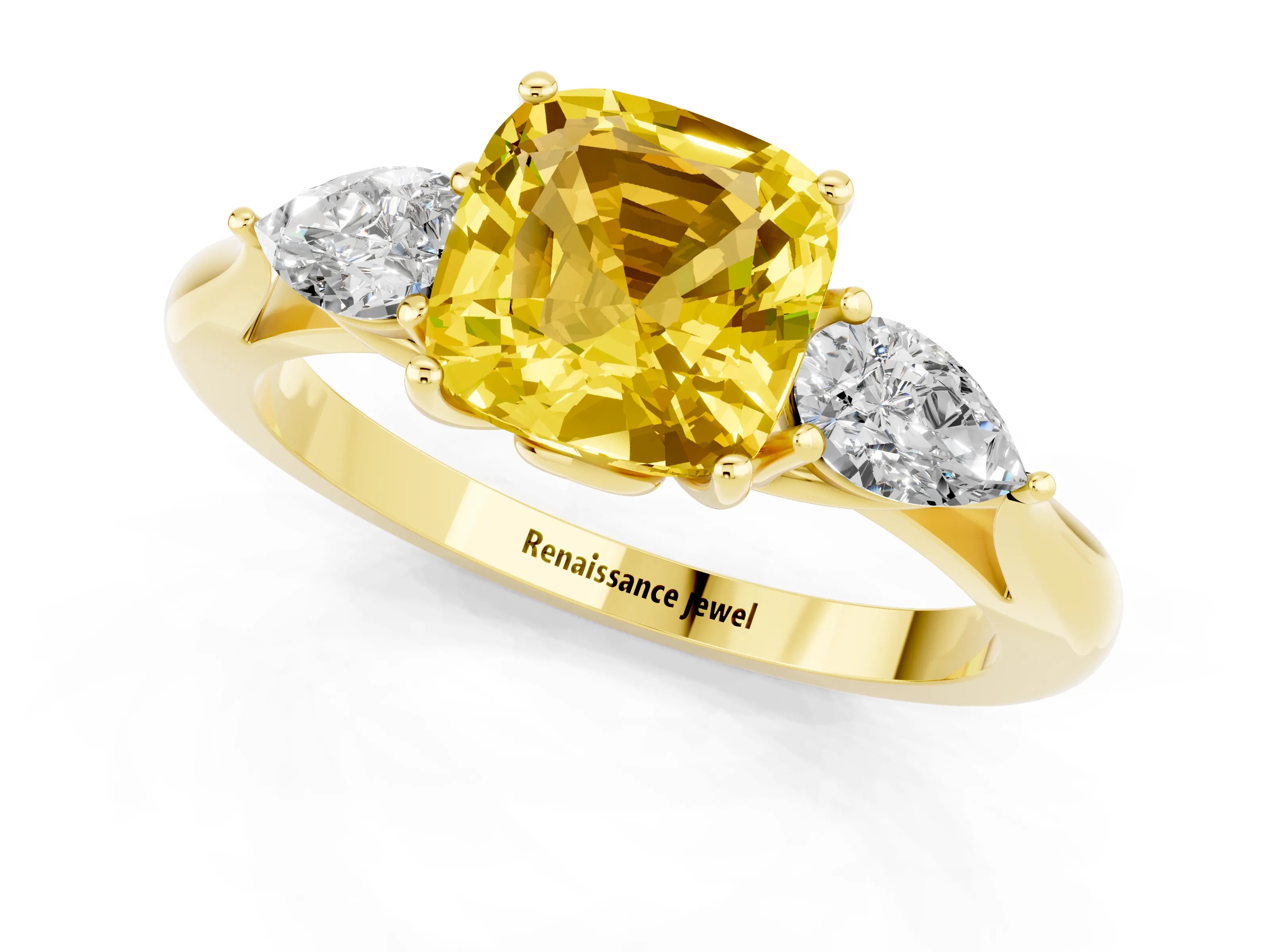 Yellow gold Three-Stone Cushion Cut Cut Diamond Ring with Pear Side Stones in Four-Prong Setting_1