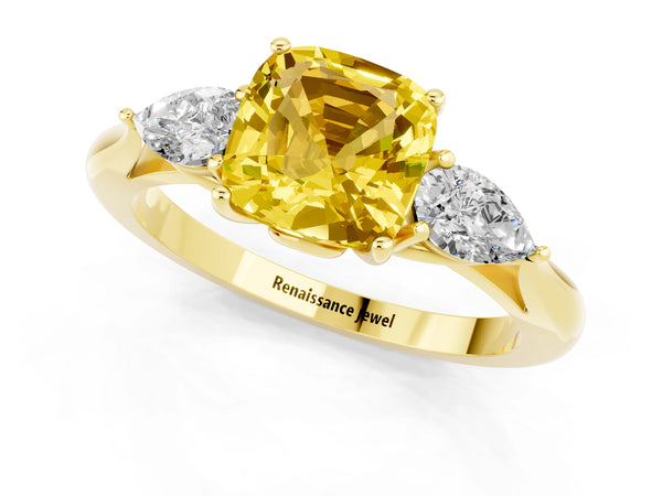 Yellow gold Three-Stone Cushion Cut Yellow Sapphire Ring with Pear  Side Stones in Four-Prong Setting