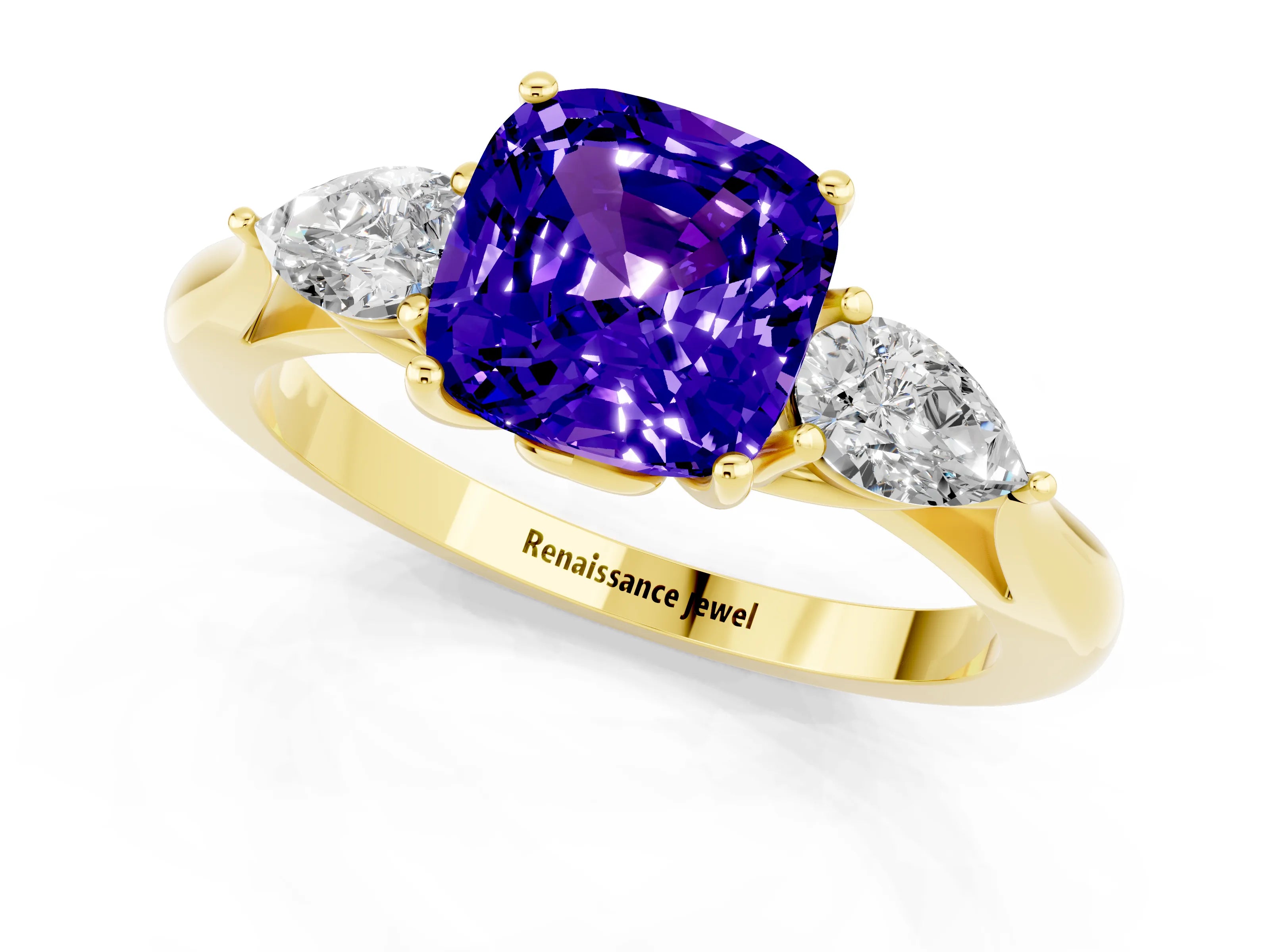Yellow gold Three-Stone Cushion Cut Cut Diamond Ring with Pear Side Stones in Four-Prong Setting_1