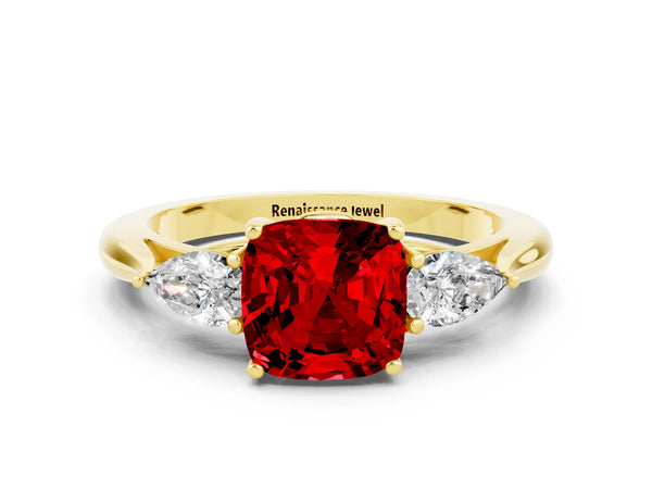 Yellow gold Three-Stone Cushion Cut Cut Diamond Ring with Pear Side Stones in Four-Prong Setting