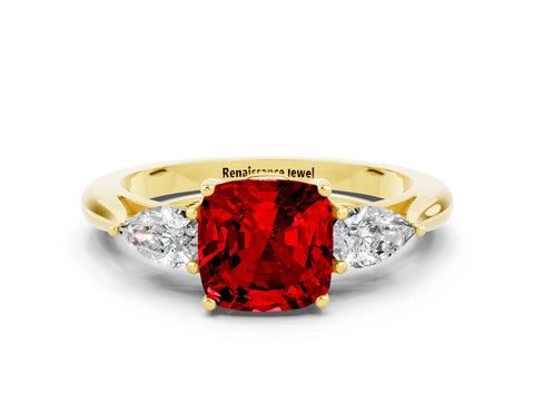 Yellow gold Three-Stone Cushion Cut Cut Diamond Ring with Pear Side Stones in Four-Prong Setting