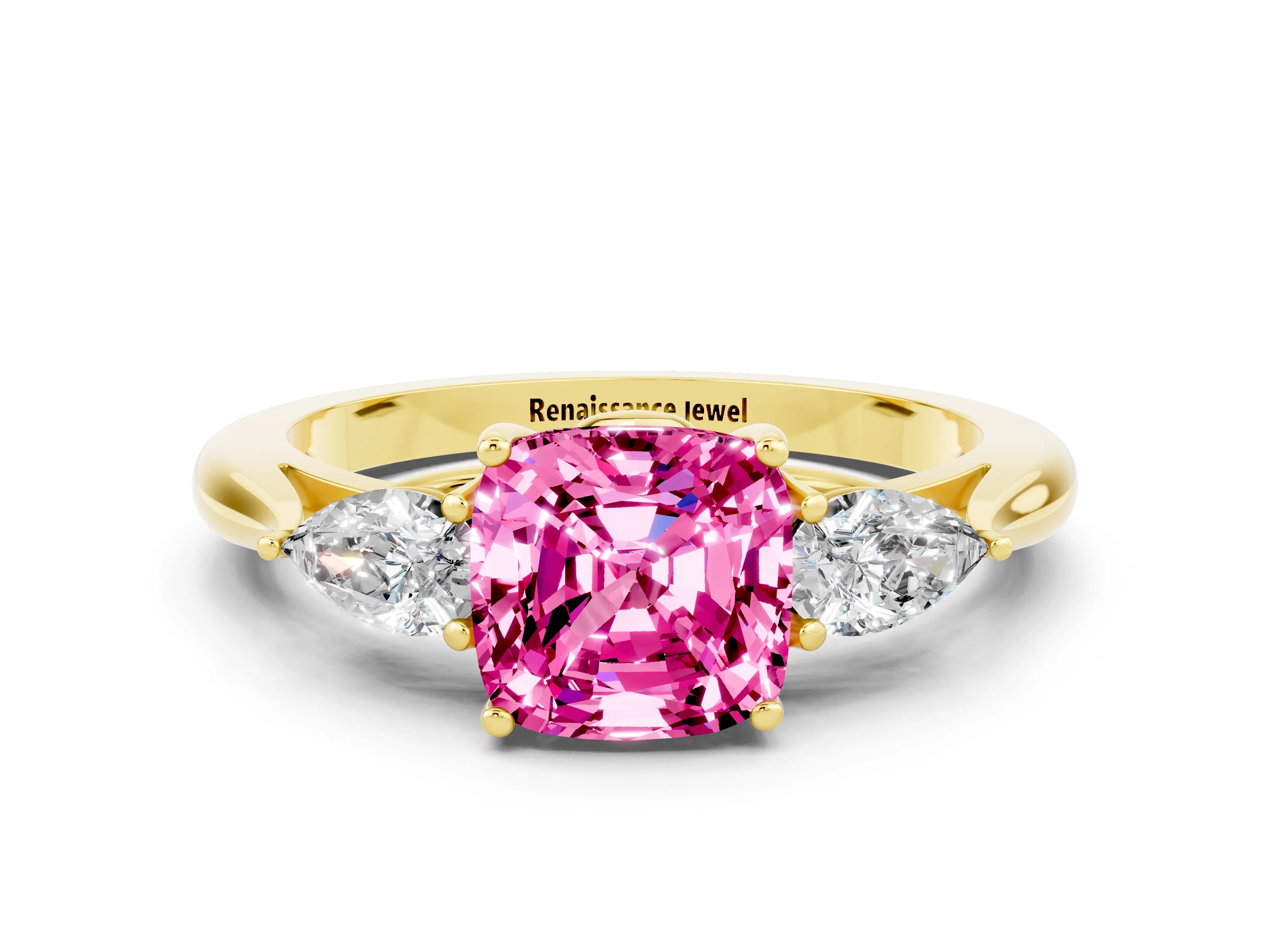 Yellow gold Three-Stone Cushion Cut Cut Diamond Ring with Pear Side Stones in Four-Prong Setting