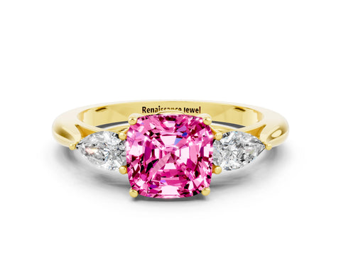 Yellow gold Three-Stone Cushion Cut Cut Diamond Ring with Pear Side Stones in Four-Prong Setting