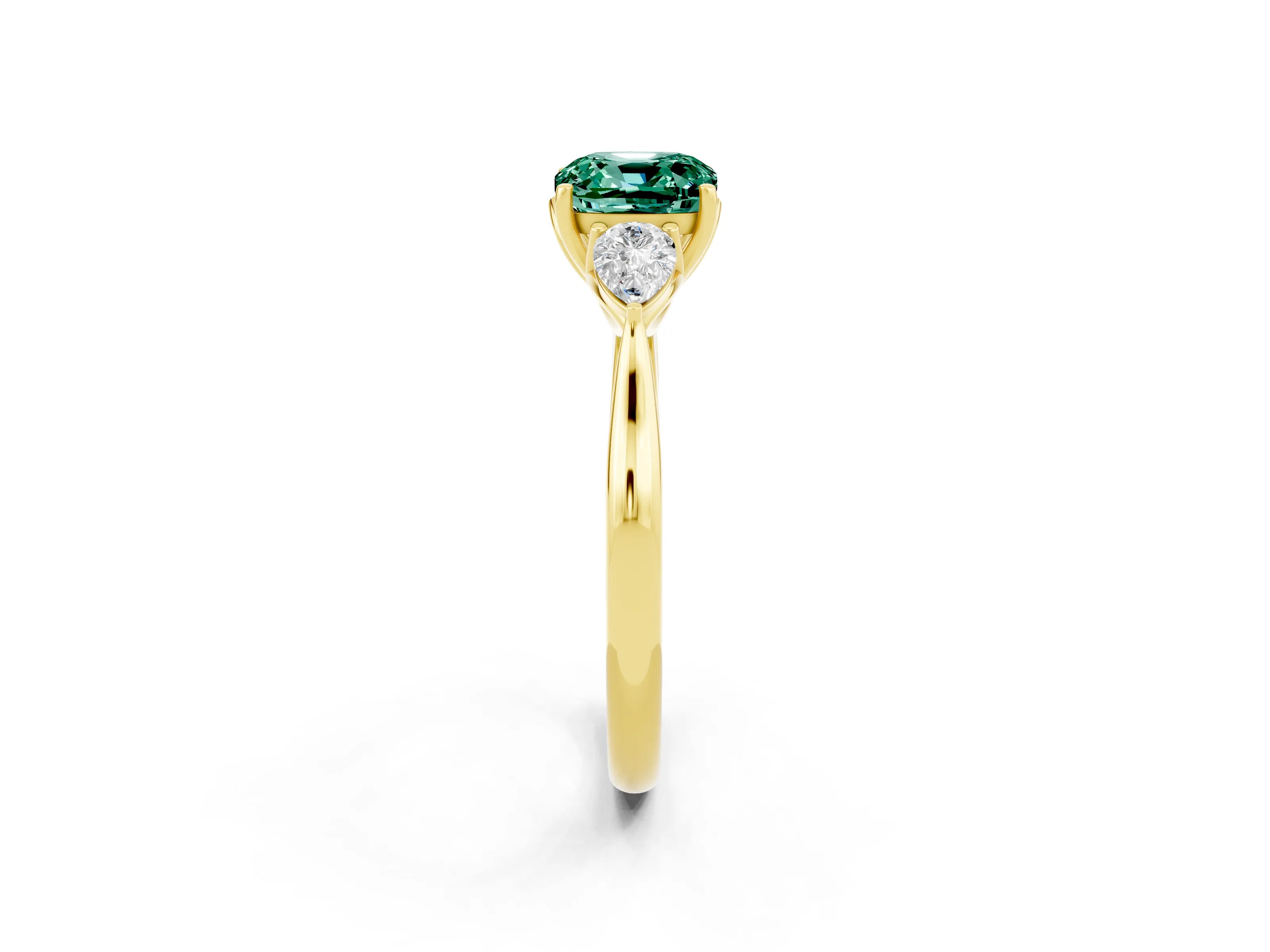 Yellow gold Three-Stone Cushion Cut Cut Diamond Ring with Pear Side Stones in Four-Prong Setting_2