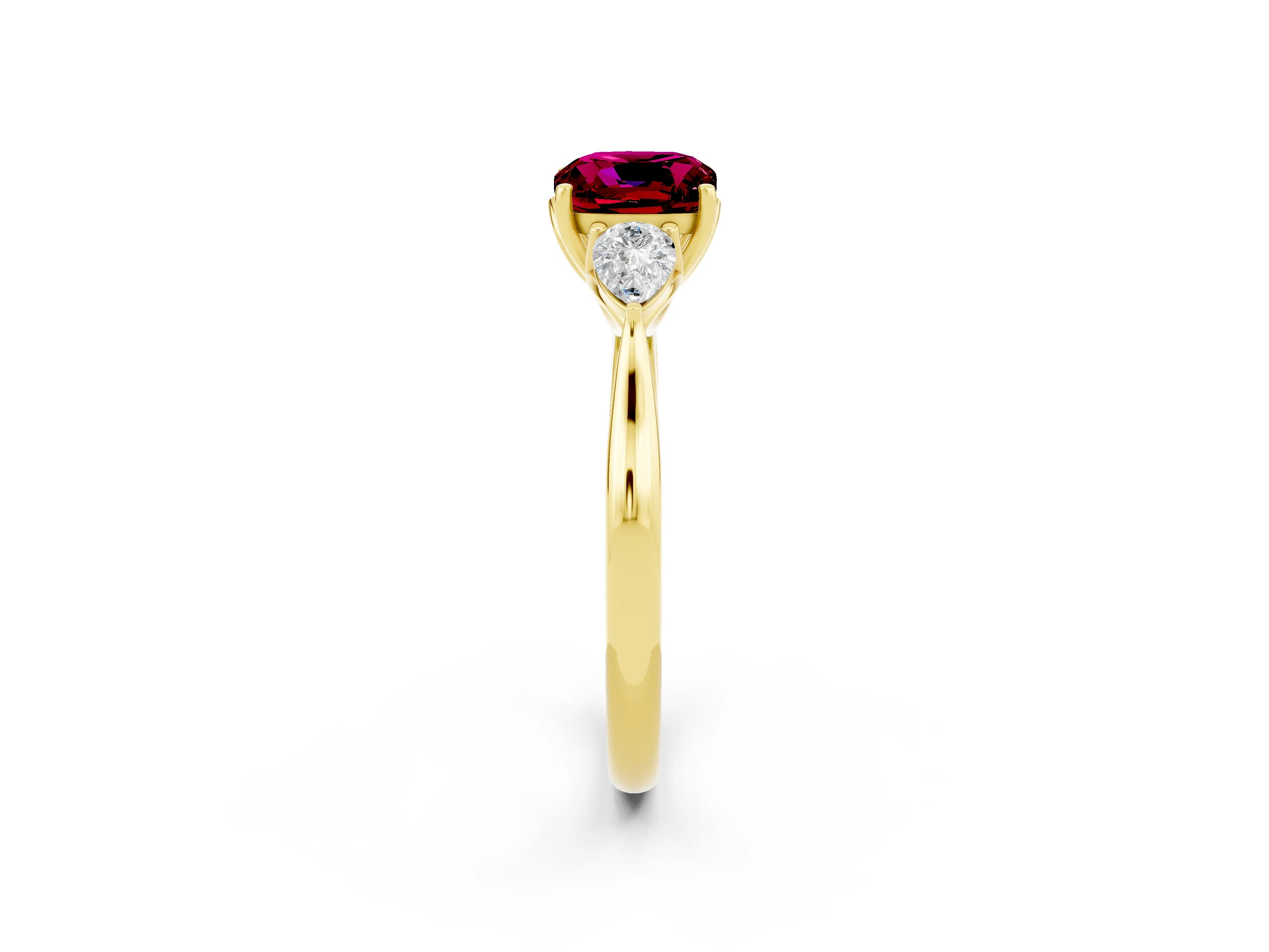 Yellow gold Three-Stone Cushion Cut Cut Diamond Ring with Pear Side Stones in Four-Prong Setting_2