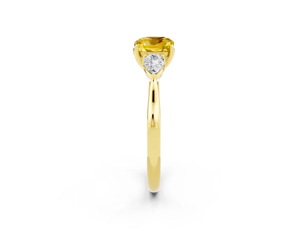 Yellow gold Three-Stone Cushion Cut Yellow Sapphire Ring with Pear  Side Stones in Four-Prong Setting