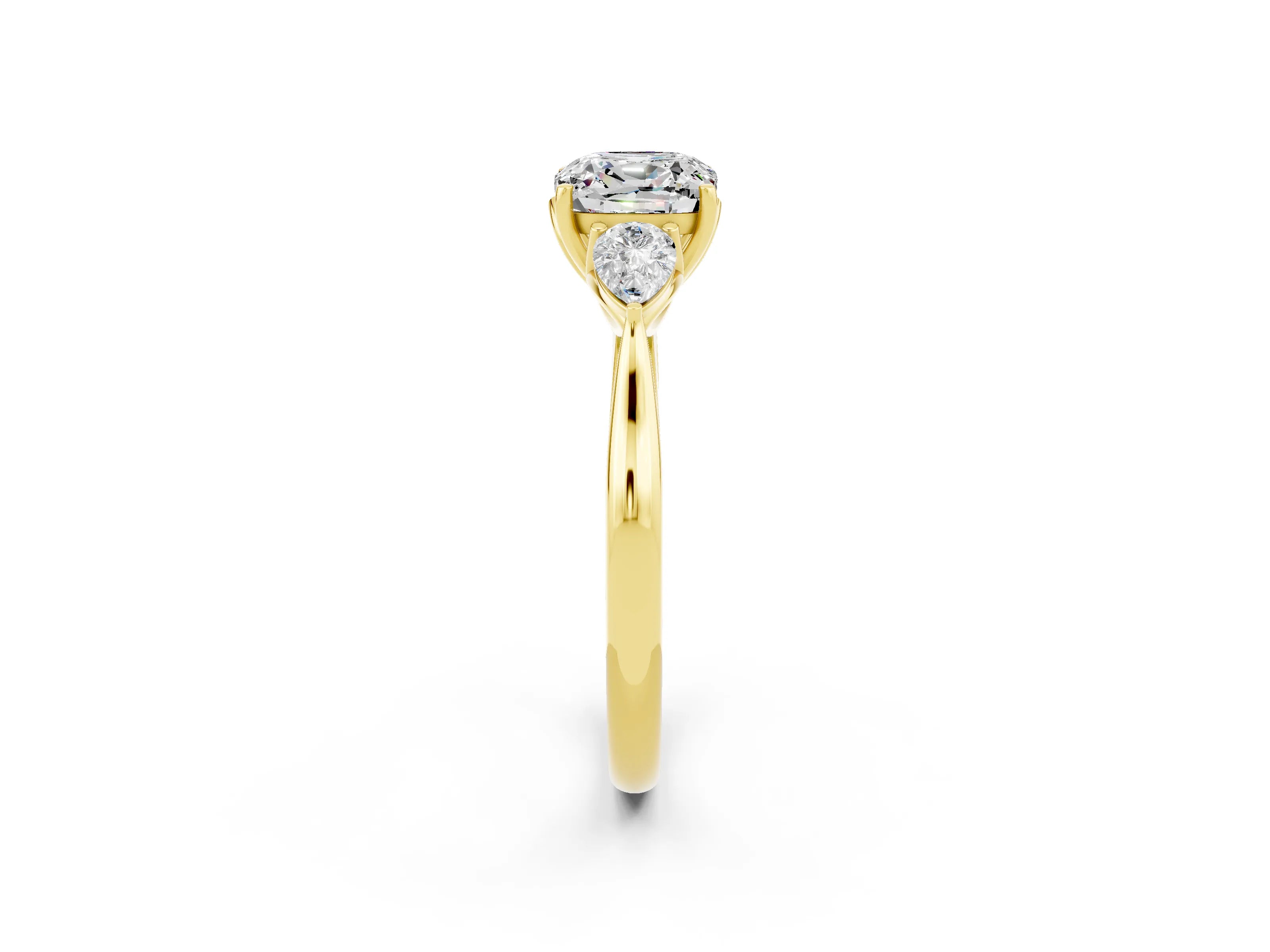 Yellow gold Three-Stone Cushion Cut Cut Diamond Ring with Pear Side Stones in Four-Prong Setting_2