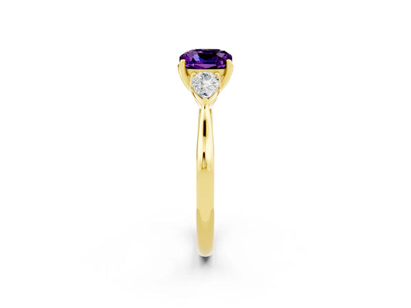 Yellow gold Three-Stone Cushion Cut Amethyst Ring with Pear  Side Stones in Four-Prong Setting
