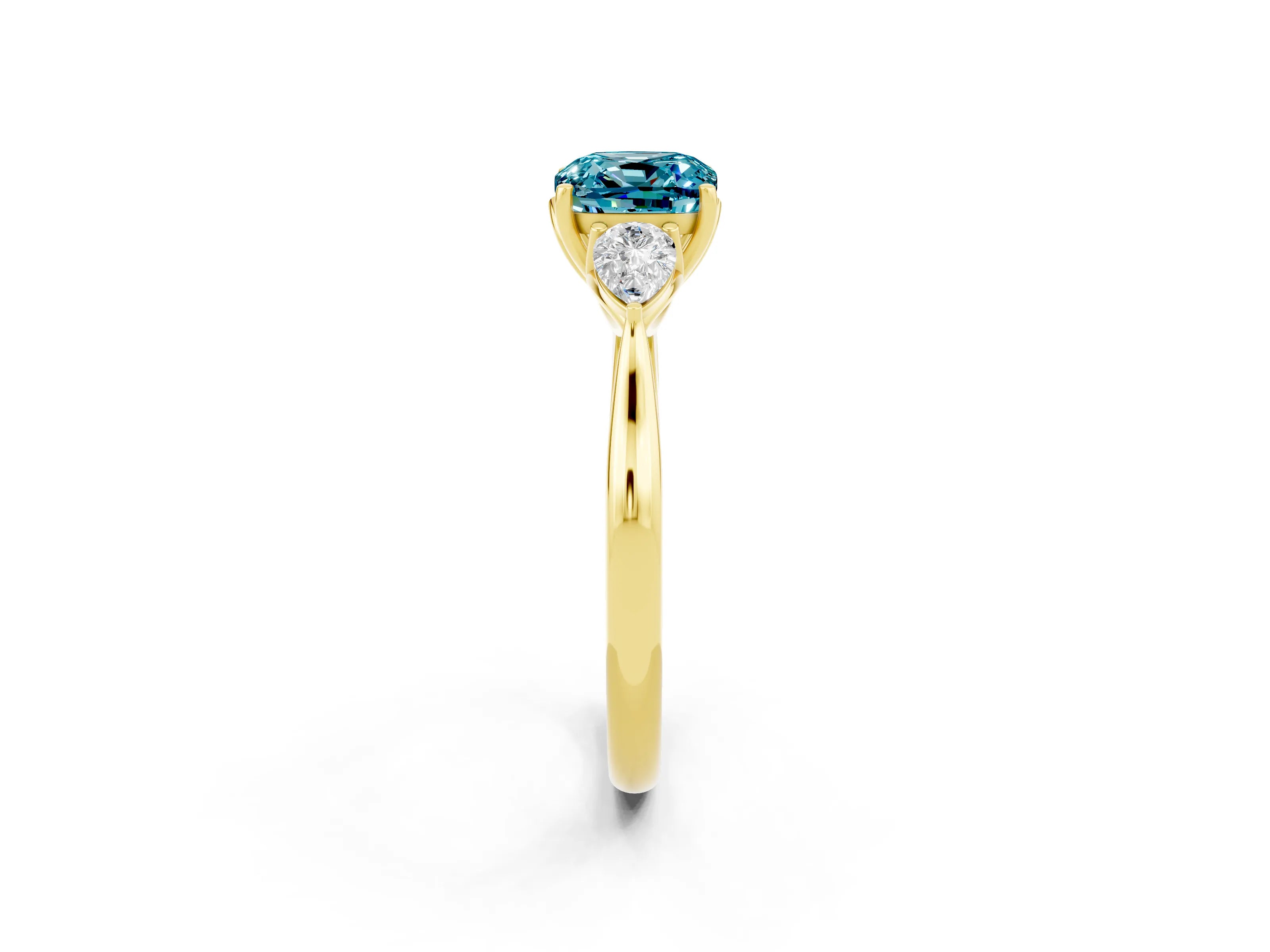 Yellow gold Three-Stone Cushion Cut Cut Diamond Ring with Pear Side Stones in Four-Prong Setting_2