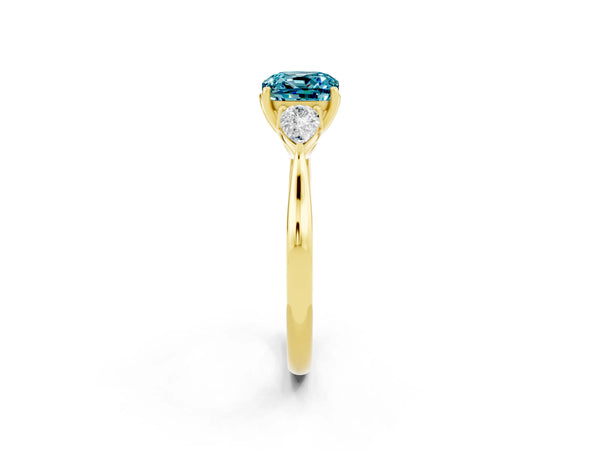 Yellow gold Three-Stone Cushion Cut Cut Diamond Ring with Pear Side Stones in Four-Prong Setting