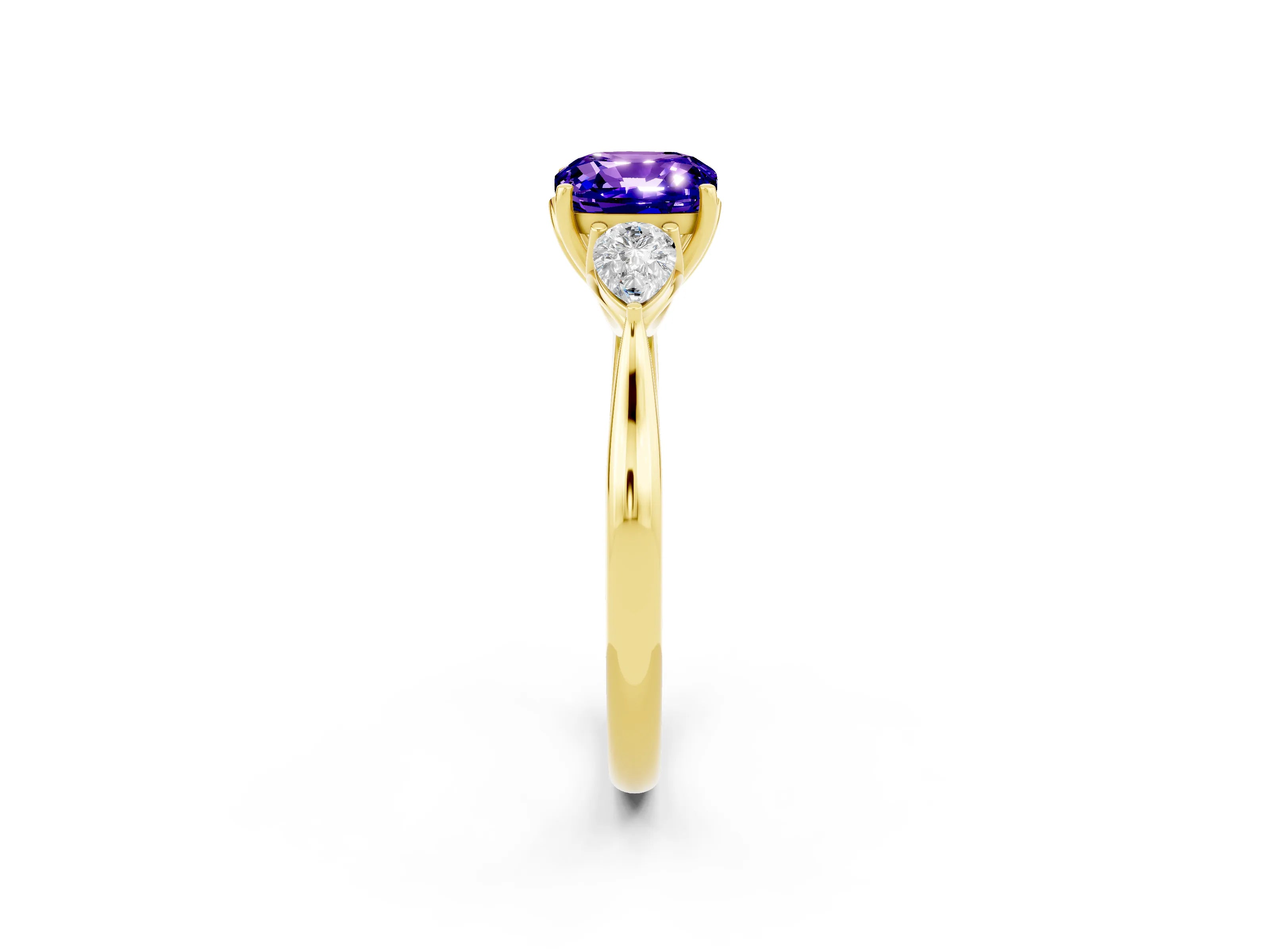 Yellow gold Three-Stone Cushion Cut Cut Diamond Ring with Pear Side Stones in Four-Prong Setting_2