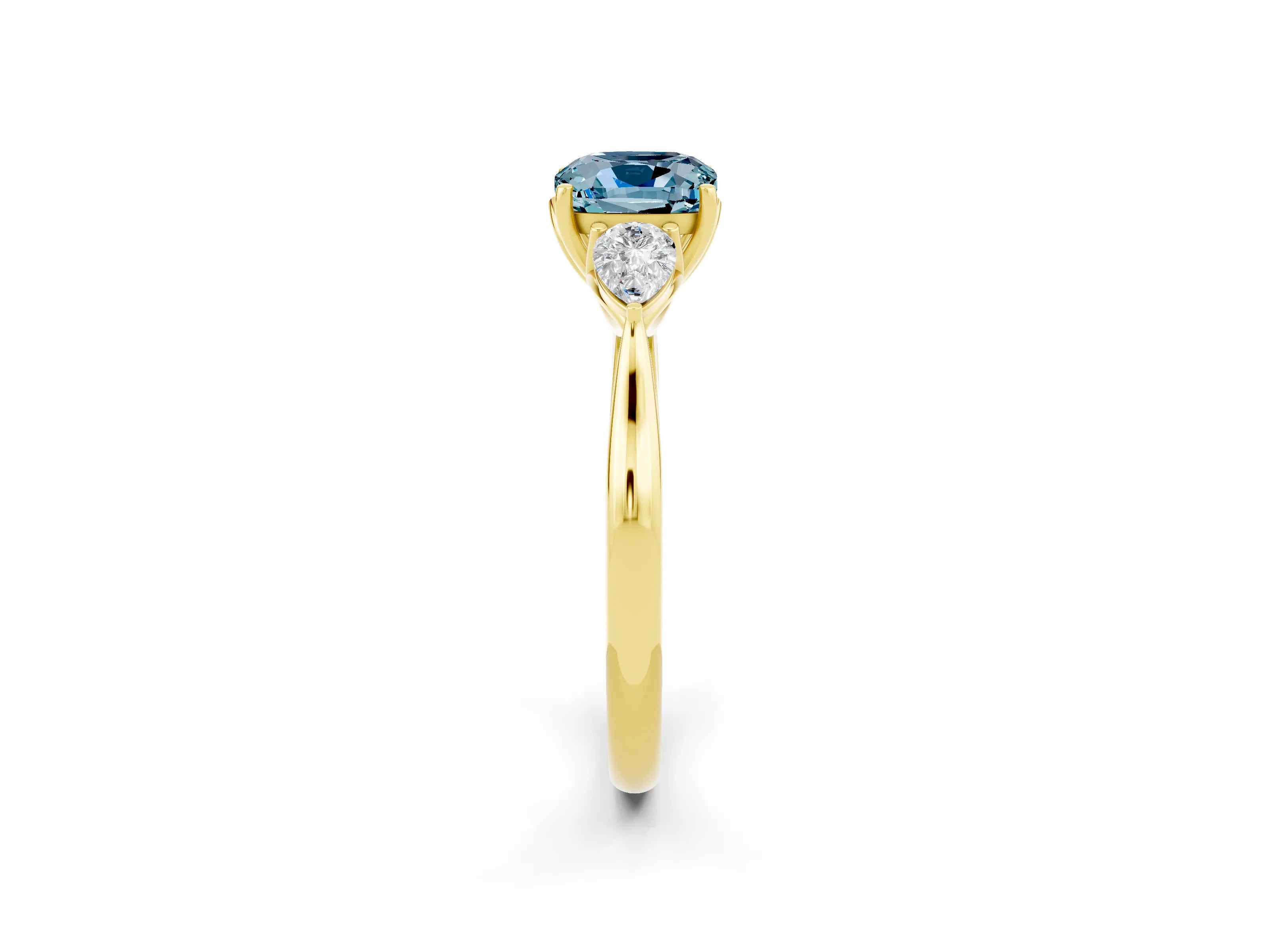 Yellow gold Three-Stone Cushion Cut Cut Diamond Ring with Pear Side Stones in Four-Prong Setting_2