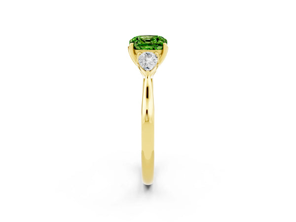 Yellow gold Three-Stone Cushion Cut Cut Diamond Ring with Pear Side Stones in Four-Prong Setting
