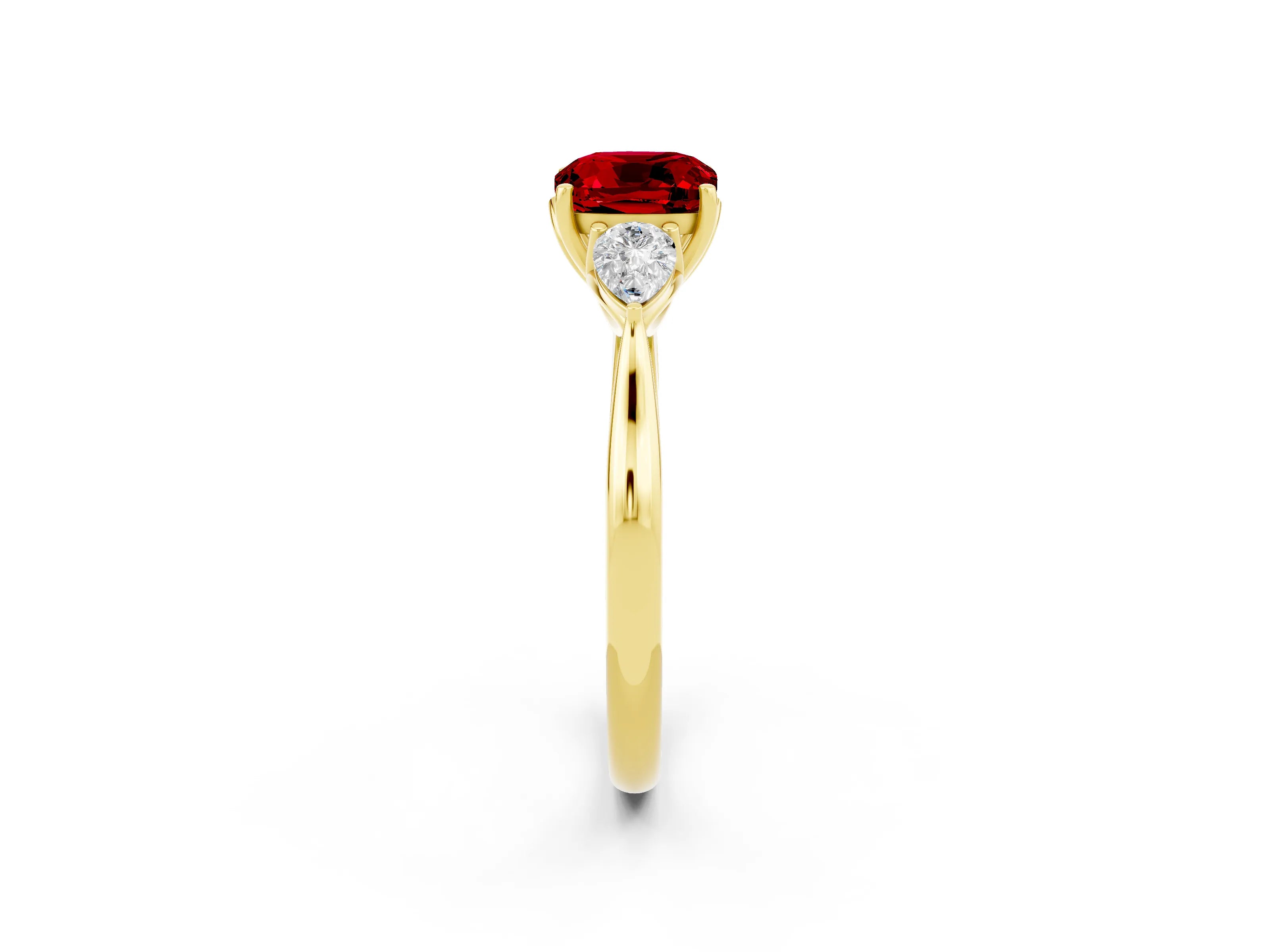 Yellow gold Three-Stone Cushion Cut Cut Diamond Ring with Pear Side Stones in Four-Prong Setting_2
