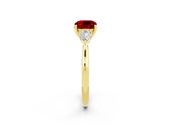 Yellow gold Three-Stone Cushion Cut Cut Diamond Ring with Pear Side Stones in Four-Prong Setting