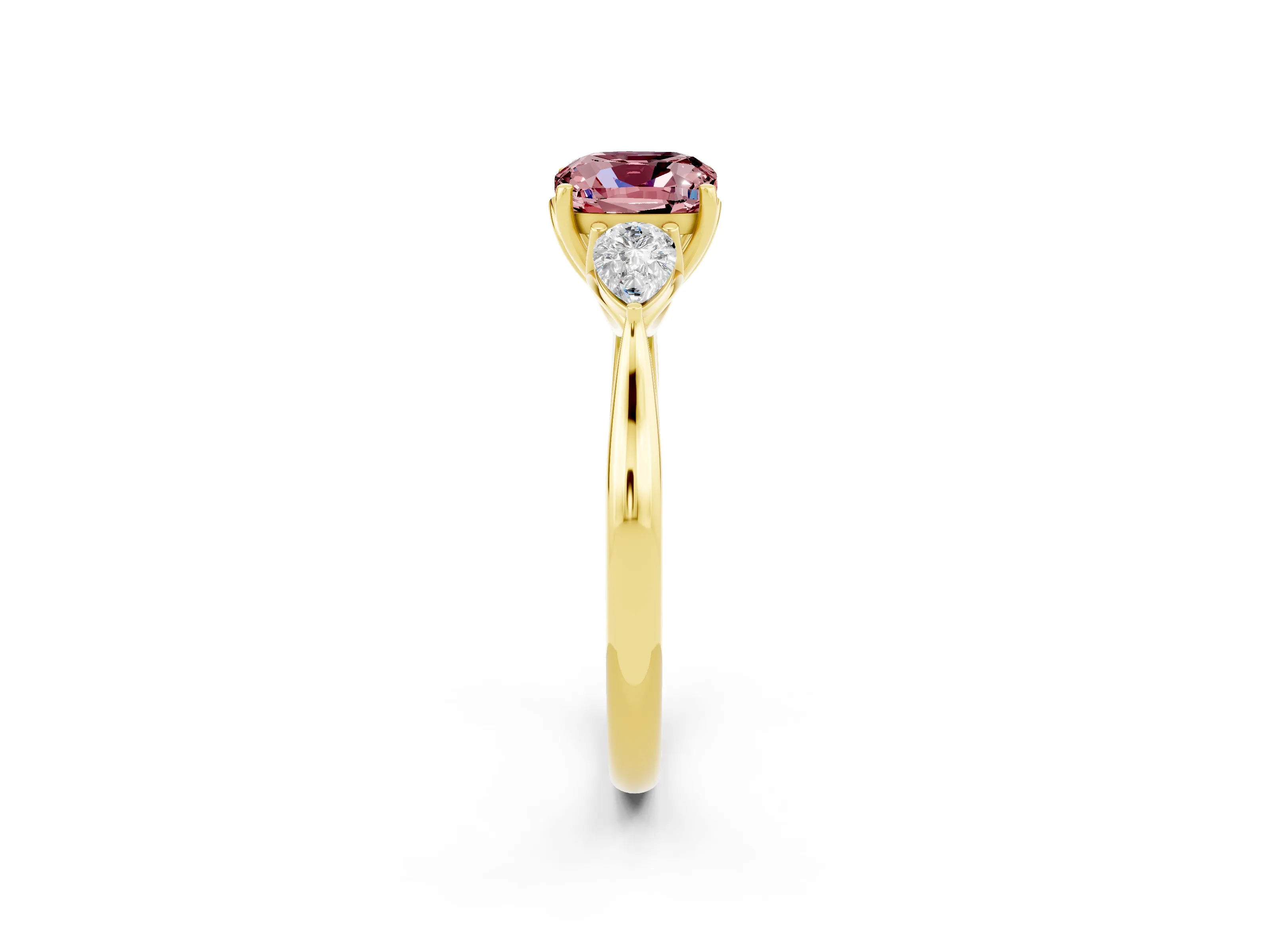 Yellow gold Three-Stone Cushion Cut Cut Diamond Ring with Pear Side Stones in Four-Prong Setting_2