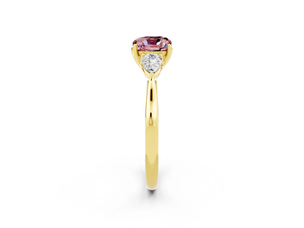 Yellow gold Three-Stone Cushion Cut Cut Diamond Ring with Pear Side Stones in Four-Prong Setting
