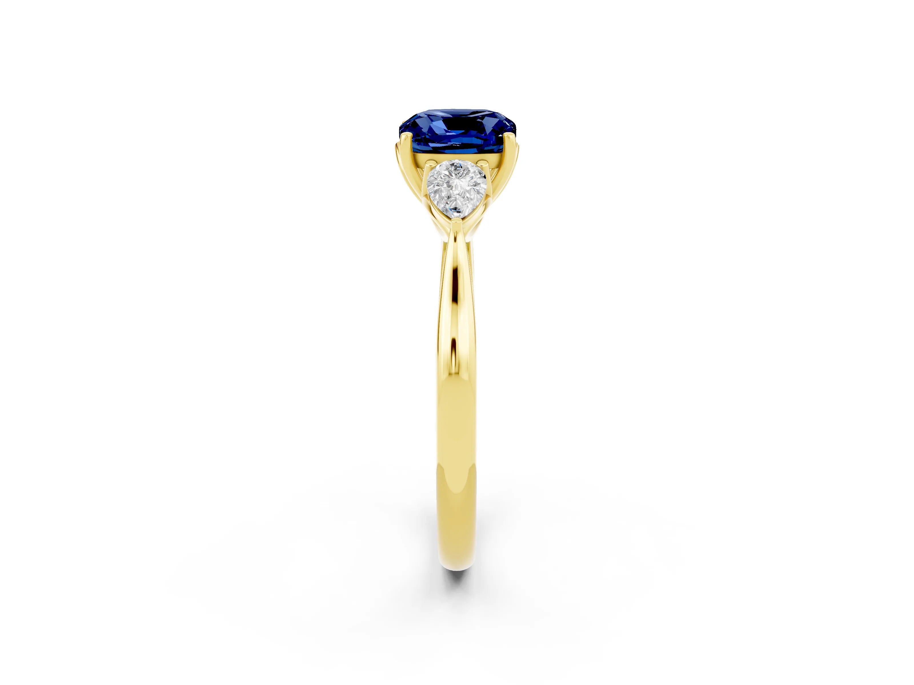 Yellow gold Three-Stone Cushion Cut Cut Diamond Ring with Pear Side Stones in Four-Prong Setting_2