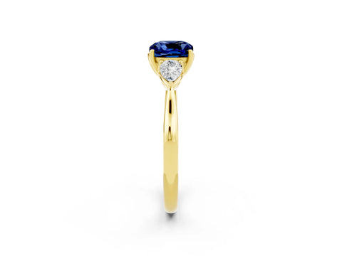 Yellow gold Three-Stone Cushion Cut Cut Diamond Ring with Pear Side Stones in Four-Prong Setting_2