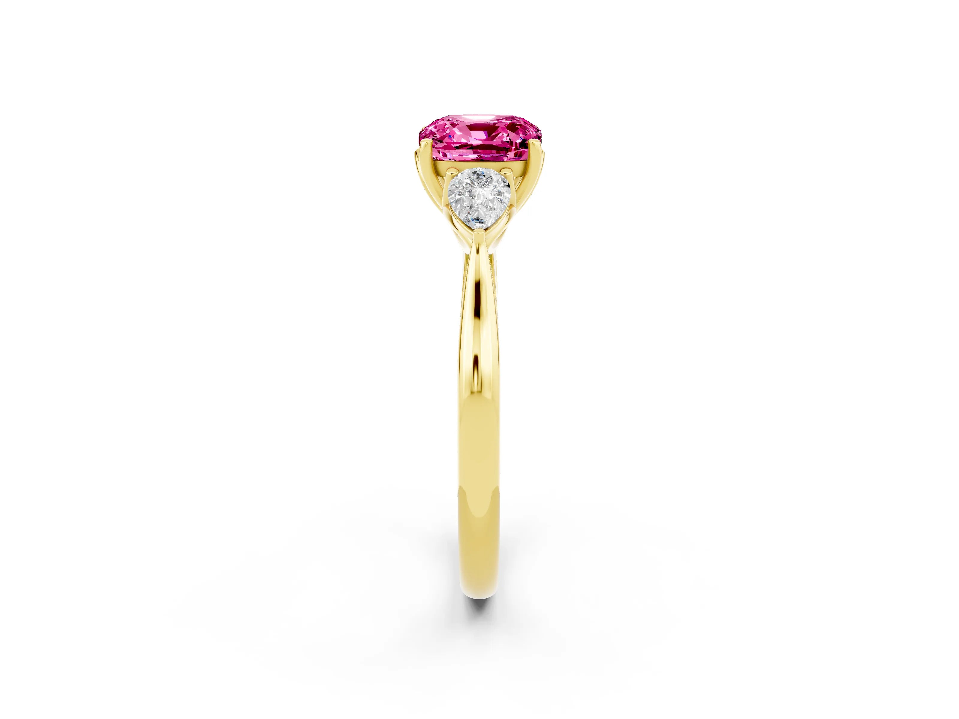 Yellow gold Three-Stone Cushion Cut Cut Diamond Ring with Pear Side Stones in Four-Prong Setting_2