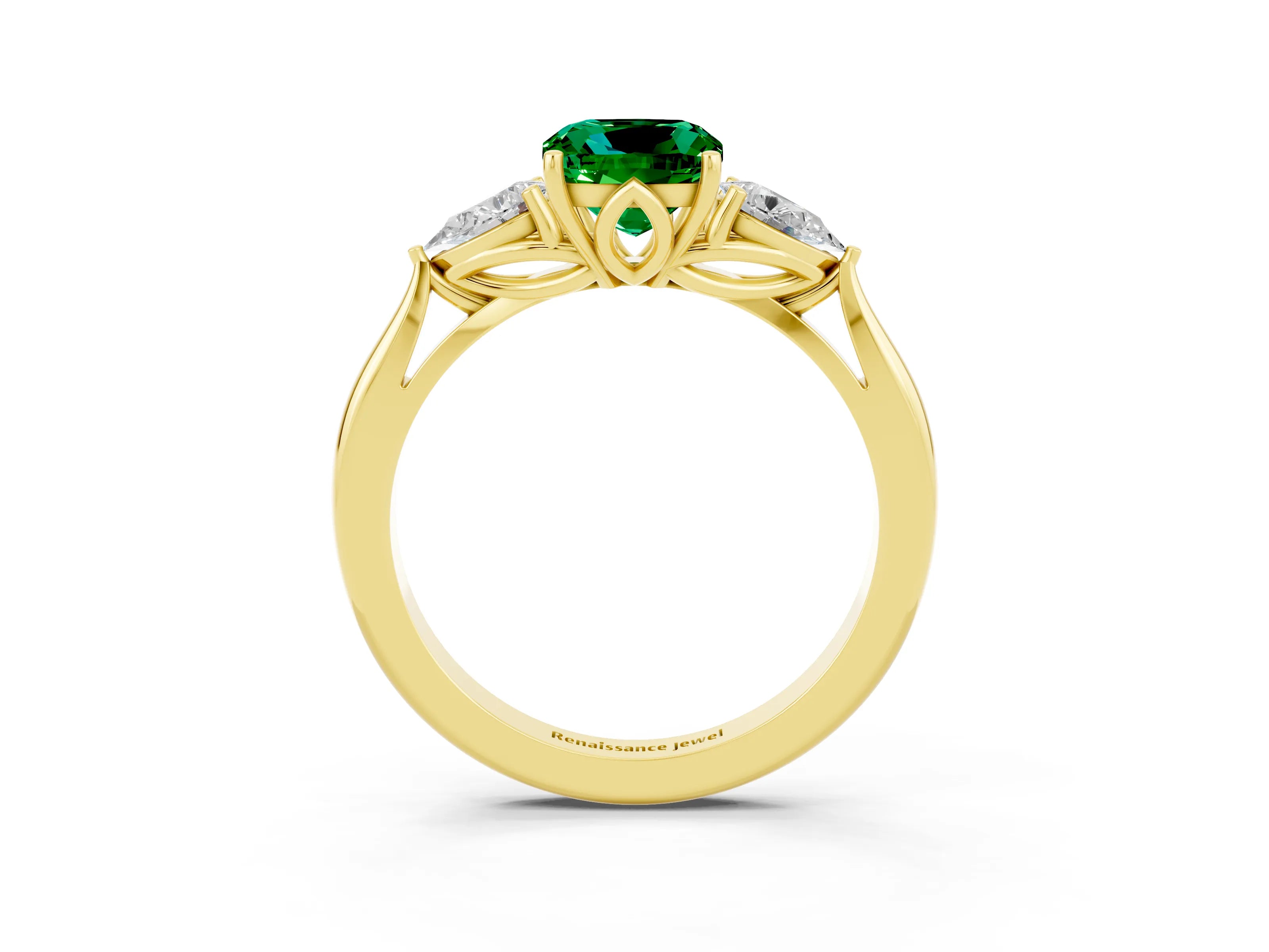 Yellow gold Three-Stone Cushion Cut Cut Diamond Ring with Pear Side Stones in Four-Prong Setting_3