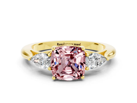 Yellow gold Three-Stone Cushion Cut Cut Diamond Ring with Pear Side Stones in Four-Prong Setting