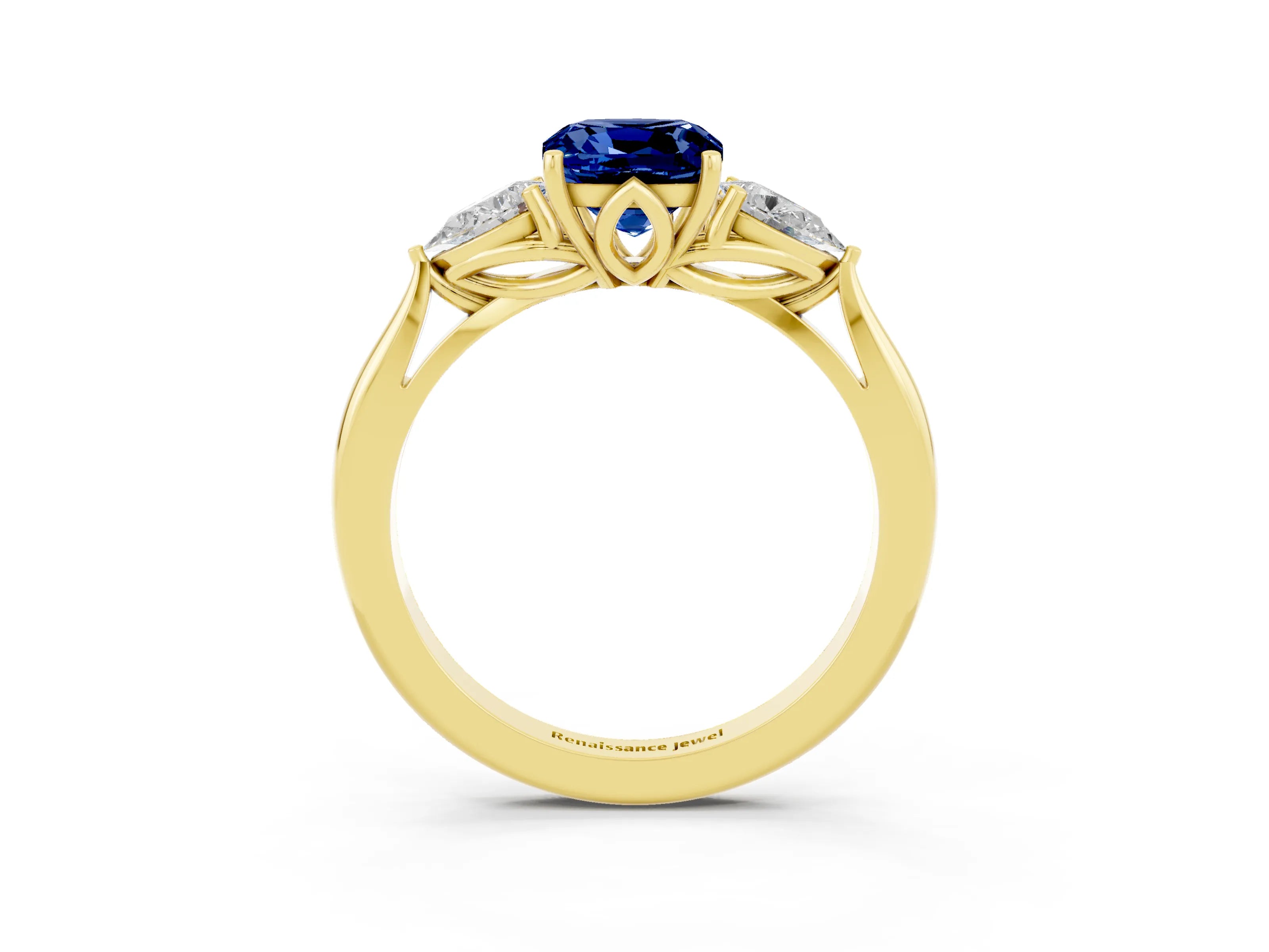 Yellow gold Three-Stone Cushion Cut Cut Diamond Ring with Pear Side Stones in Four-Prong Setting_3