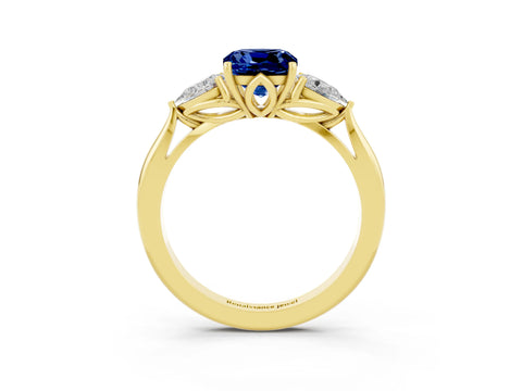 Yellow gold Three-Stone Cushion Cut Cut Diamond Ring with Pear Side Stones in Four-Prong Setting_3