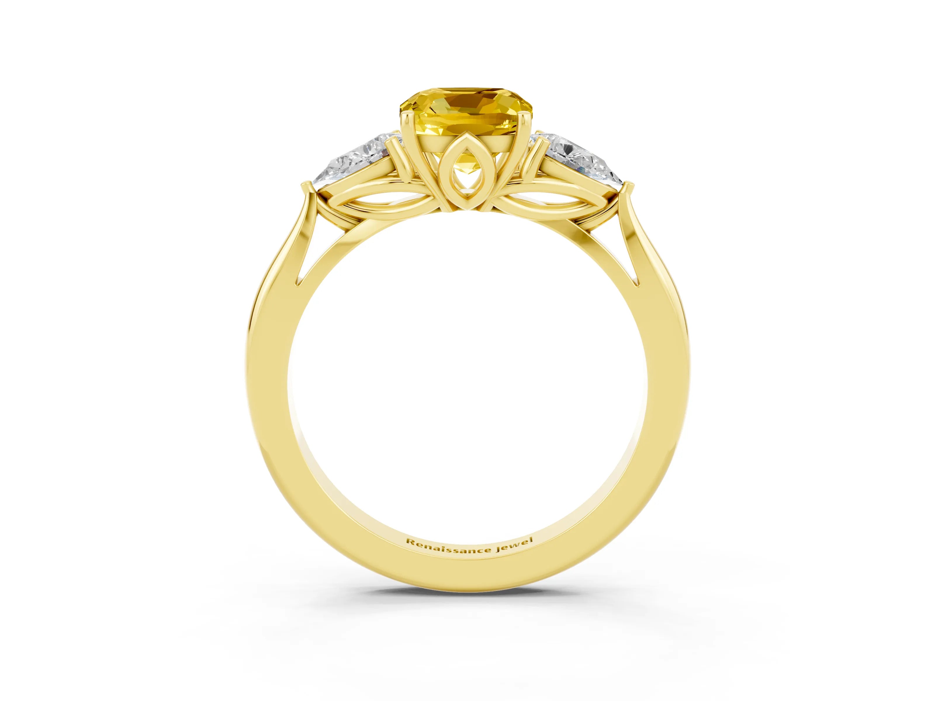 Yellow gold Three-Stone Cushion Cut Cut Diamond Ring with Pear Side Stones in Four-Prong Setting_3