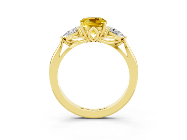 Yellow gold Three-Stone Cushion Cut Yellow Sapphire Ring with Pear  Side Stones in Four-Prong Setting