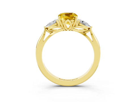 Yellow gold Three-Stone Cushion Cut Cut Diamond Ring with Pear Side Stones in Four-Prong Setting_3