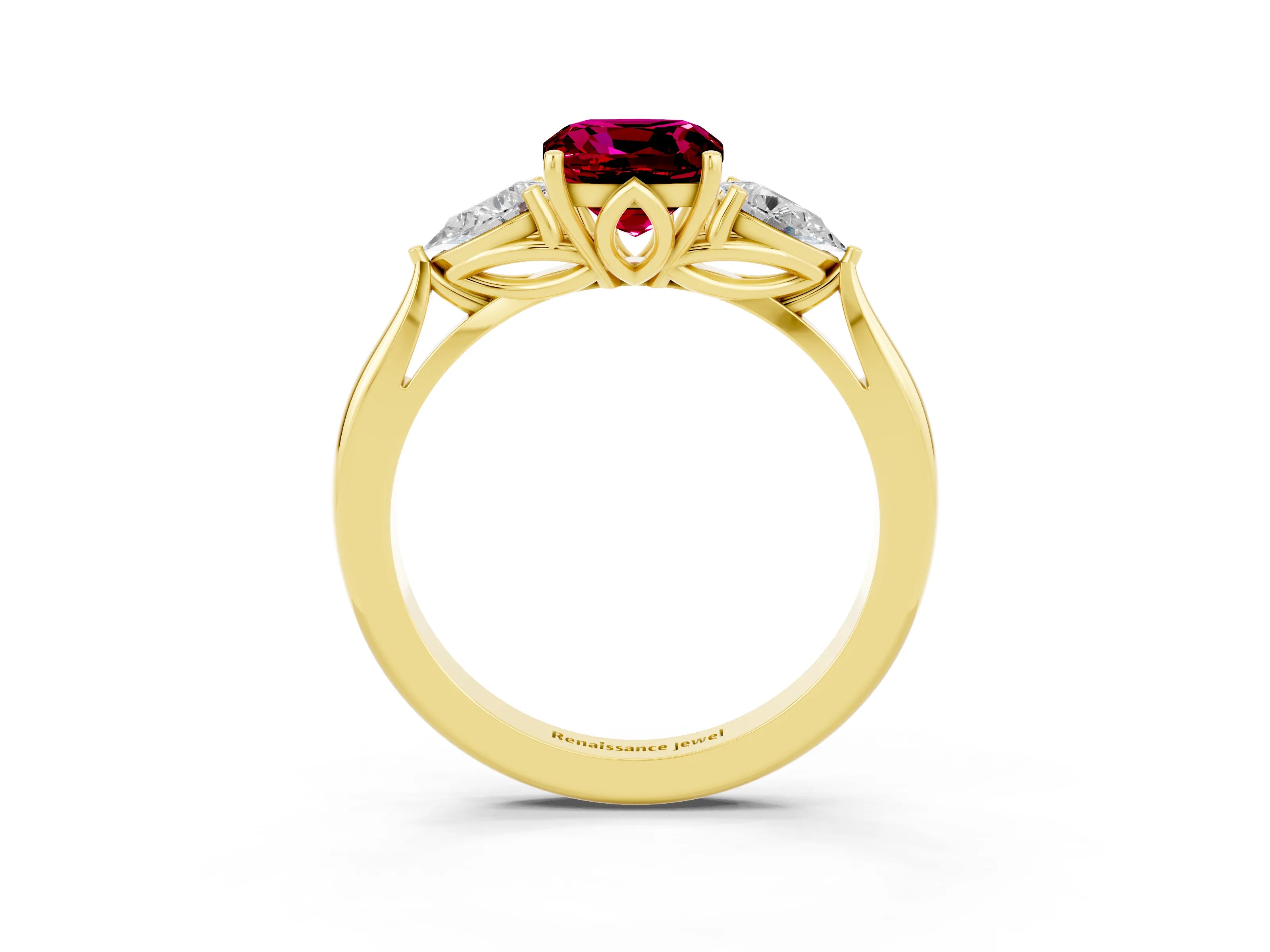 Yellow gold Three-Stone Cushion Cut Cut Diamond Ring with Pear Side Stones in Four-Prong Setting_3