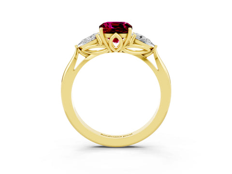 Yellow gold Three-Stone Cushion Cut Cut Diamond Ring with Pear Side Stones in Four-Prong Setting_3