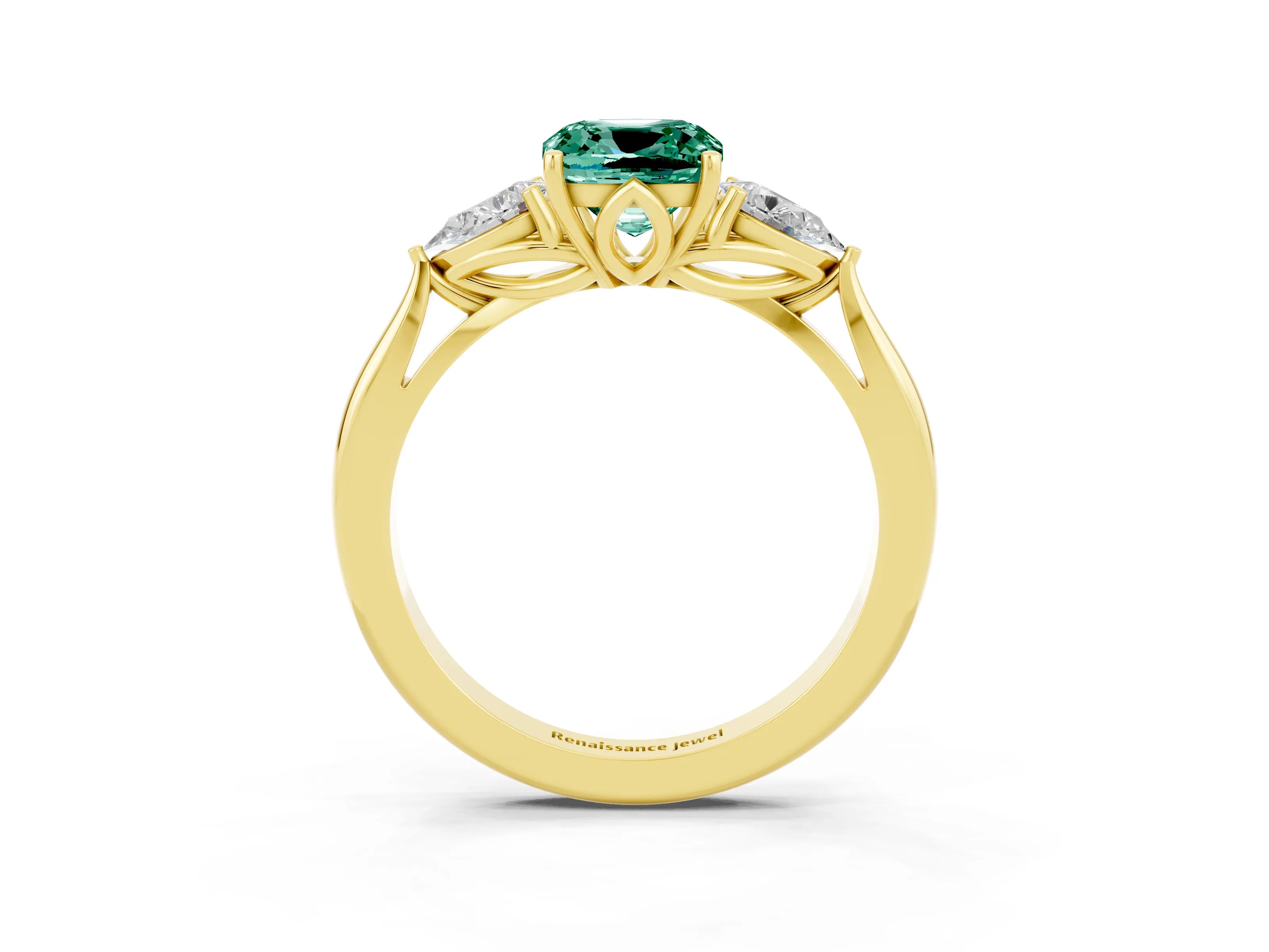 Yellow gold Three-Stone Cushion Cut Cut Diamond Ring with Pear Side Stones in Four-Prong Setting_3
