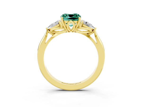 Yellow gold Three-Stone Cushion Cut Green Sapphire Ring with Pear  Side Stones in Four-Prong Setting