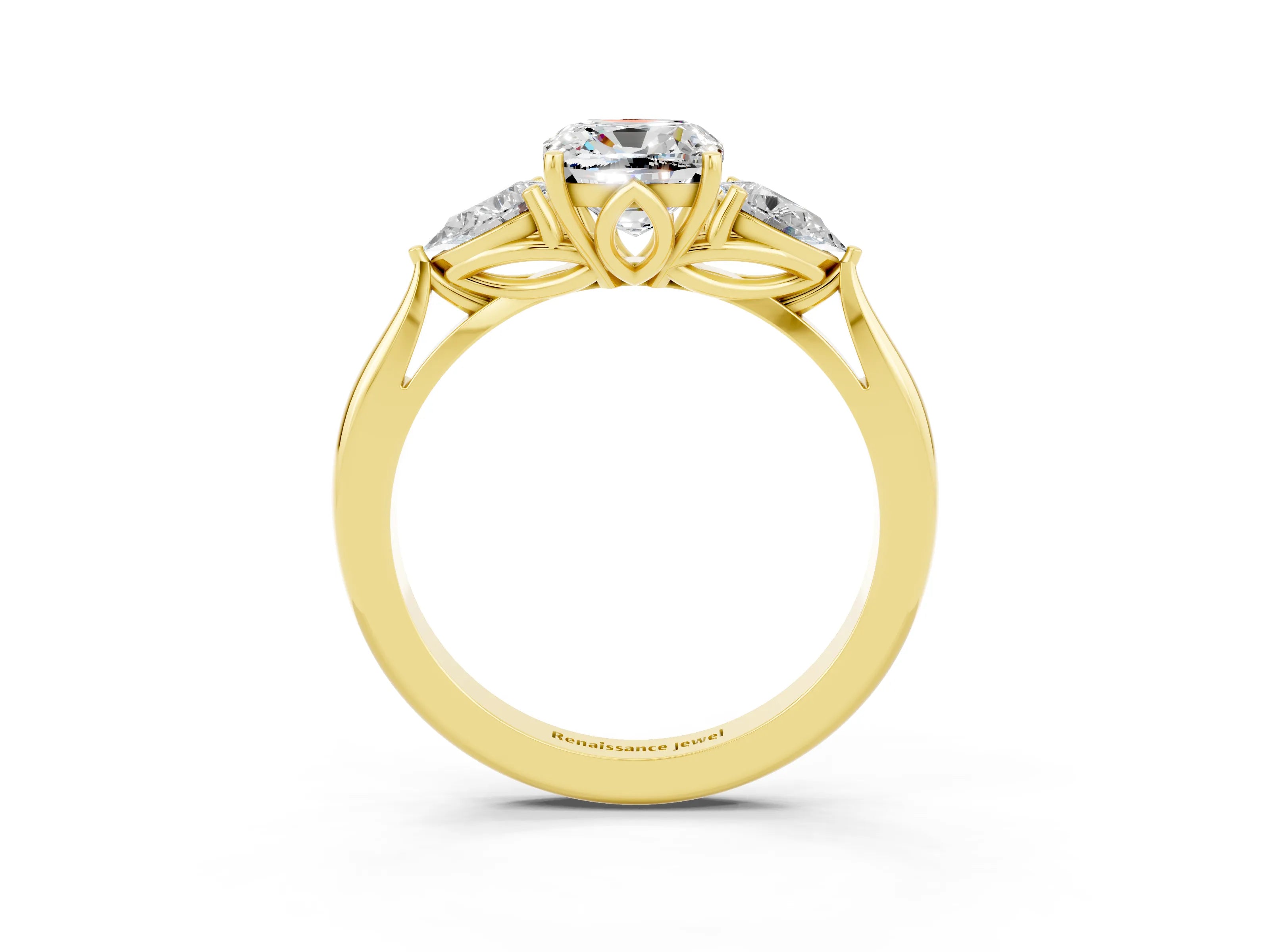 Yellow gold Three-Stone Cushion Cut Cut Diamond Ring with Pear Side Stones in Four-Prong Setting_3