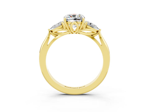 Yellow gold Three-Stone Cushion Cut Cut Diamond Ring with Pear Side Stones in Four-Prong Setting_3