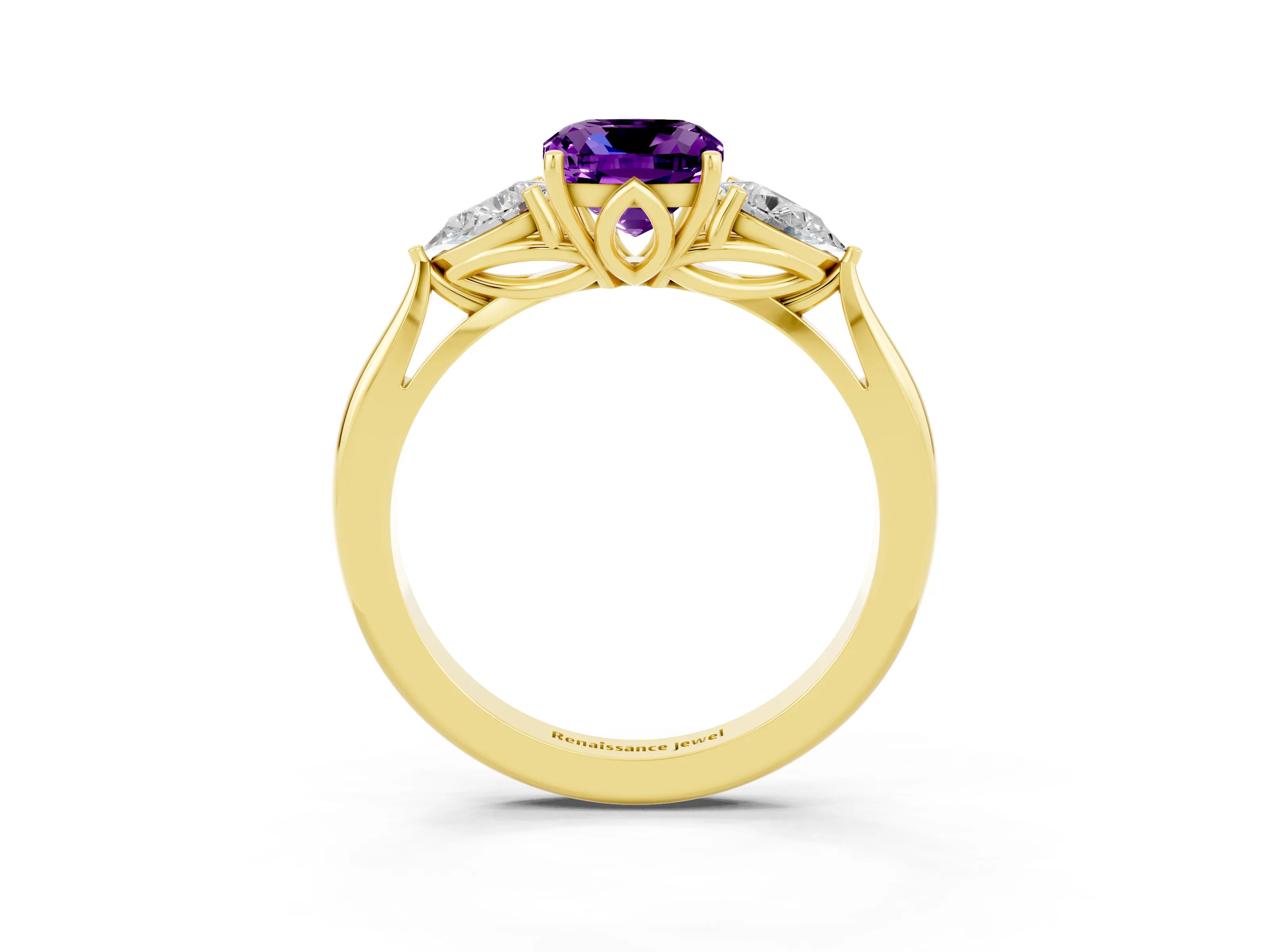 Yellow gold Three-Stone Cushion Cut Cut Diamond Ring with Pear Side Stones in Four-Prong Setting_3