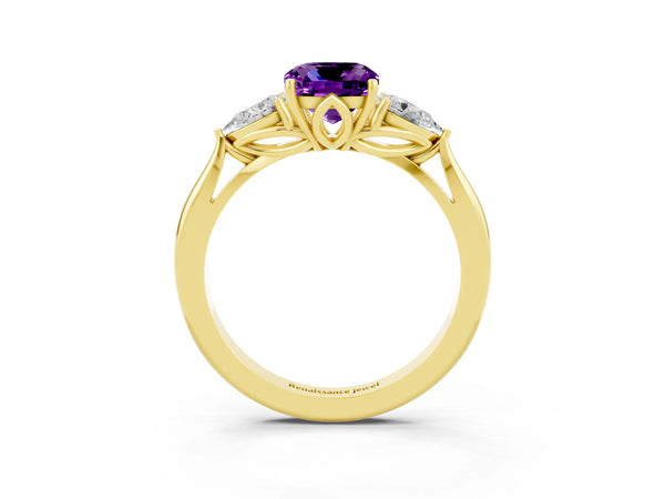 Yellow gold Three-Stone Cushion Cut Amethyst Ring with Pear  Side Stones in Four-Prong Setting
