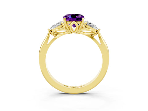 Yellow gold Three-Stone Cushion Cut Cut Diamond Ring with Pear Side Stones in Four-Prong Setting_3