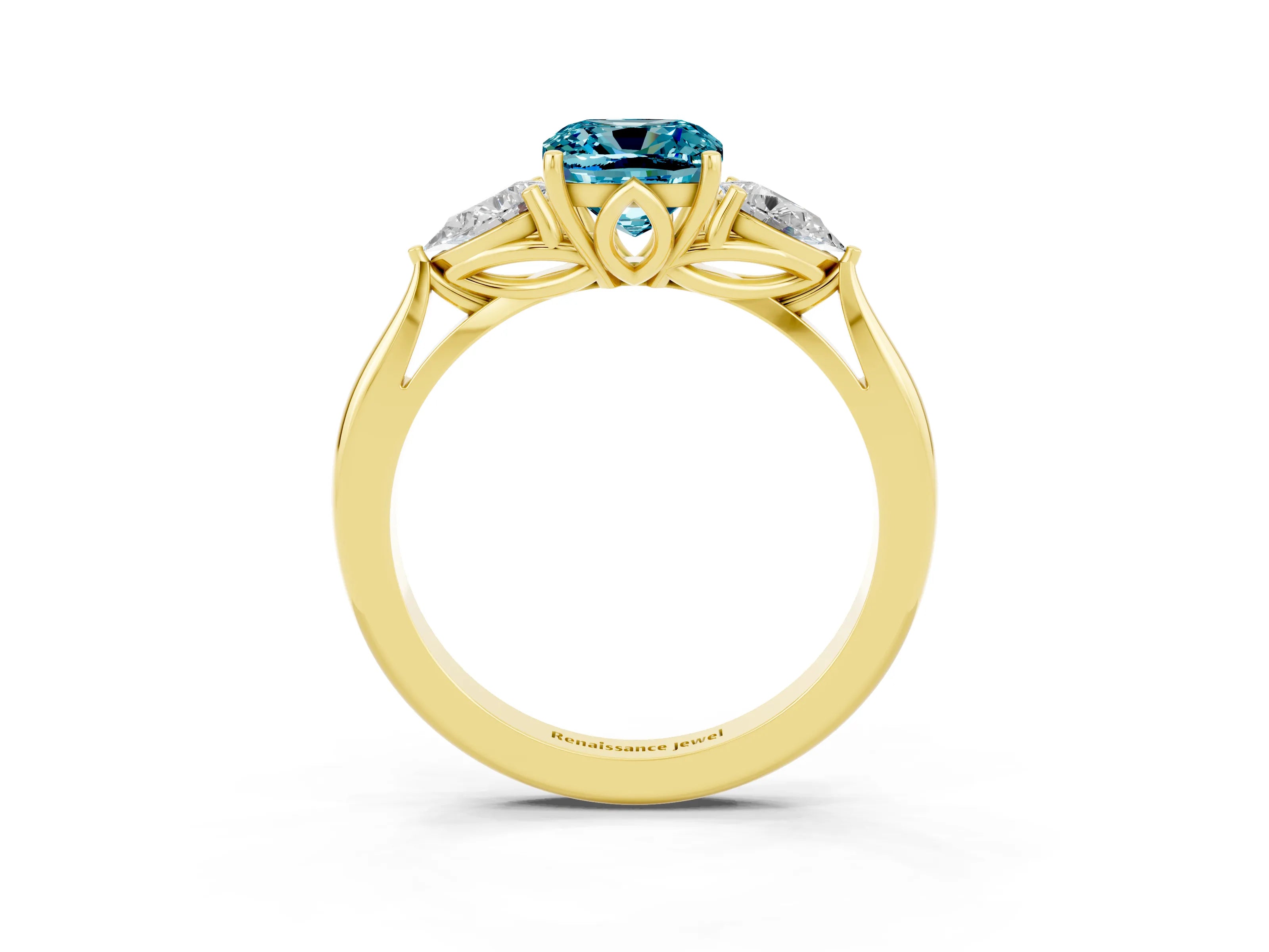Yellow gold Three-Stone Cushion Cut Cut Diamond Ring with Pear Side Stones in Four-Prong Setting_3