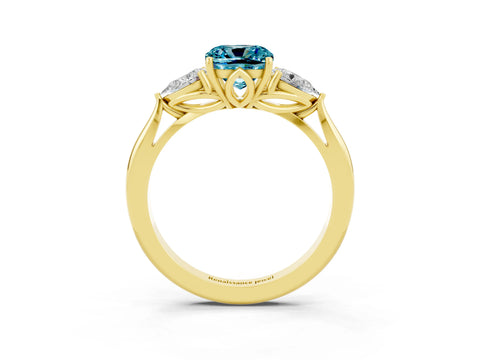 Yellow gold Three-Stone Cushion Cut Cut Diamond Ring with Pear Side Stones in Four-Prong Setting_3