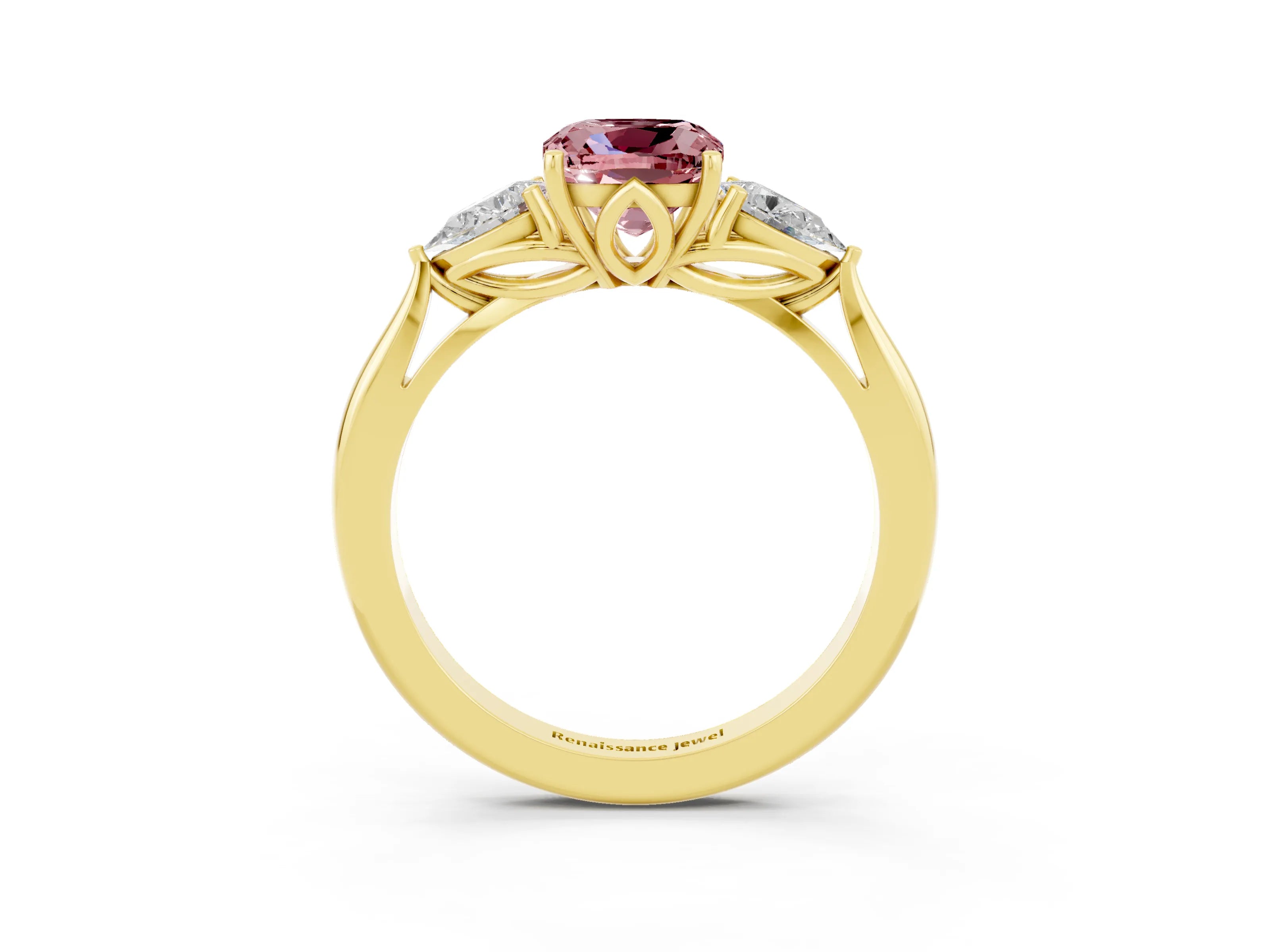 Yellow gold Three-Stone Cushion Cut Cut Diamond Ring with Pear Side Stones in Four-Prong Setting_3