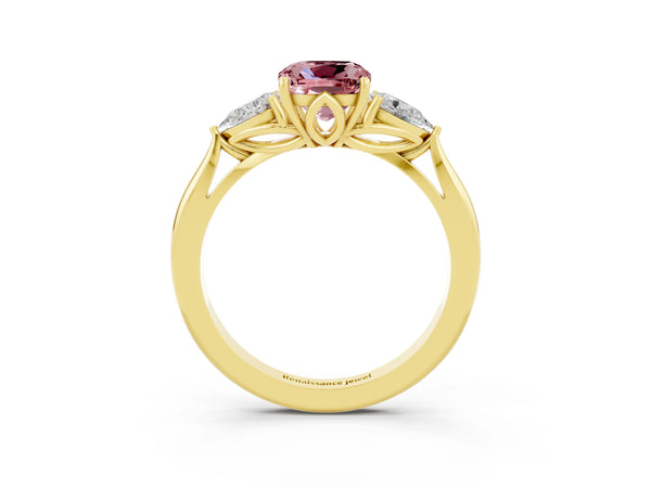 Yellow gold Three-Stone Cushion Cut Cut Diamond Ring with Pear Side Stones in Four-Prong Setting
