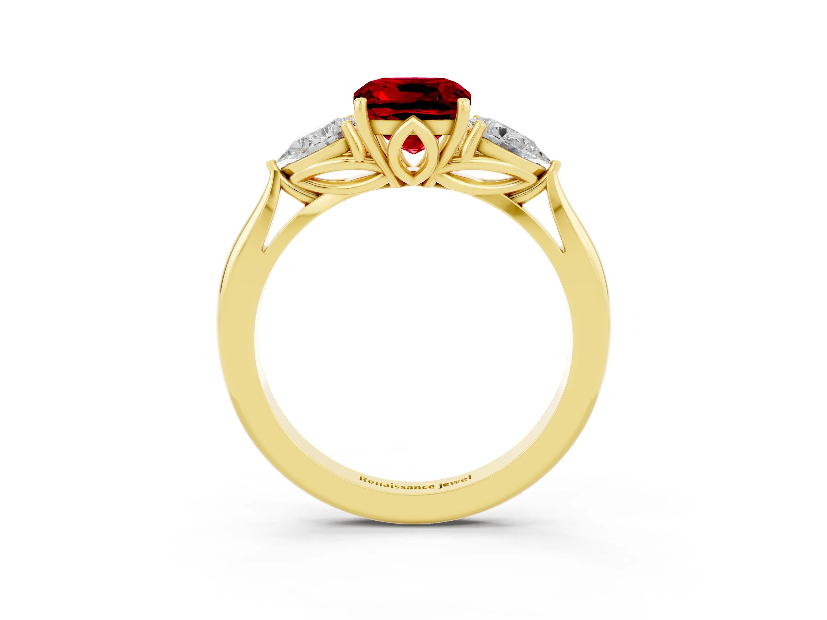 Yellow gold Three-Stone Cushion Cut Cut Diamond Ring with Pear Side Stones in Four-Prong Setting_3