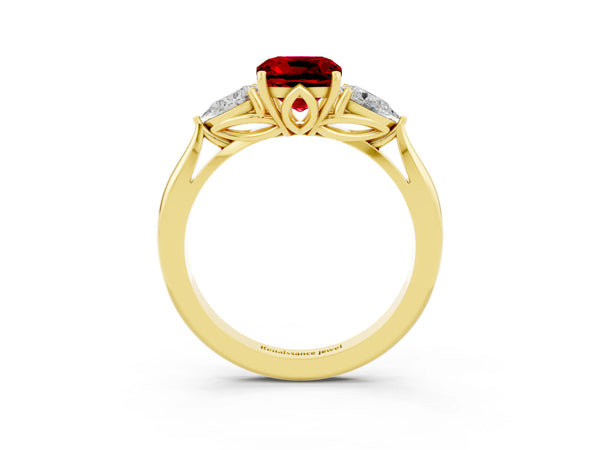 Yellow gold Three-Stone Cushion Cut Cut Diamond Ring with Pear Side Stones in Four-Prong Setting