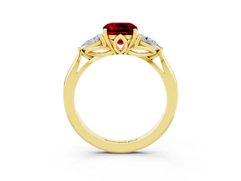Yellow gold Three-Stone Cushion Cut Cut Diamond Ring with Pear Side Stones in Four-Prong Setting_3
