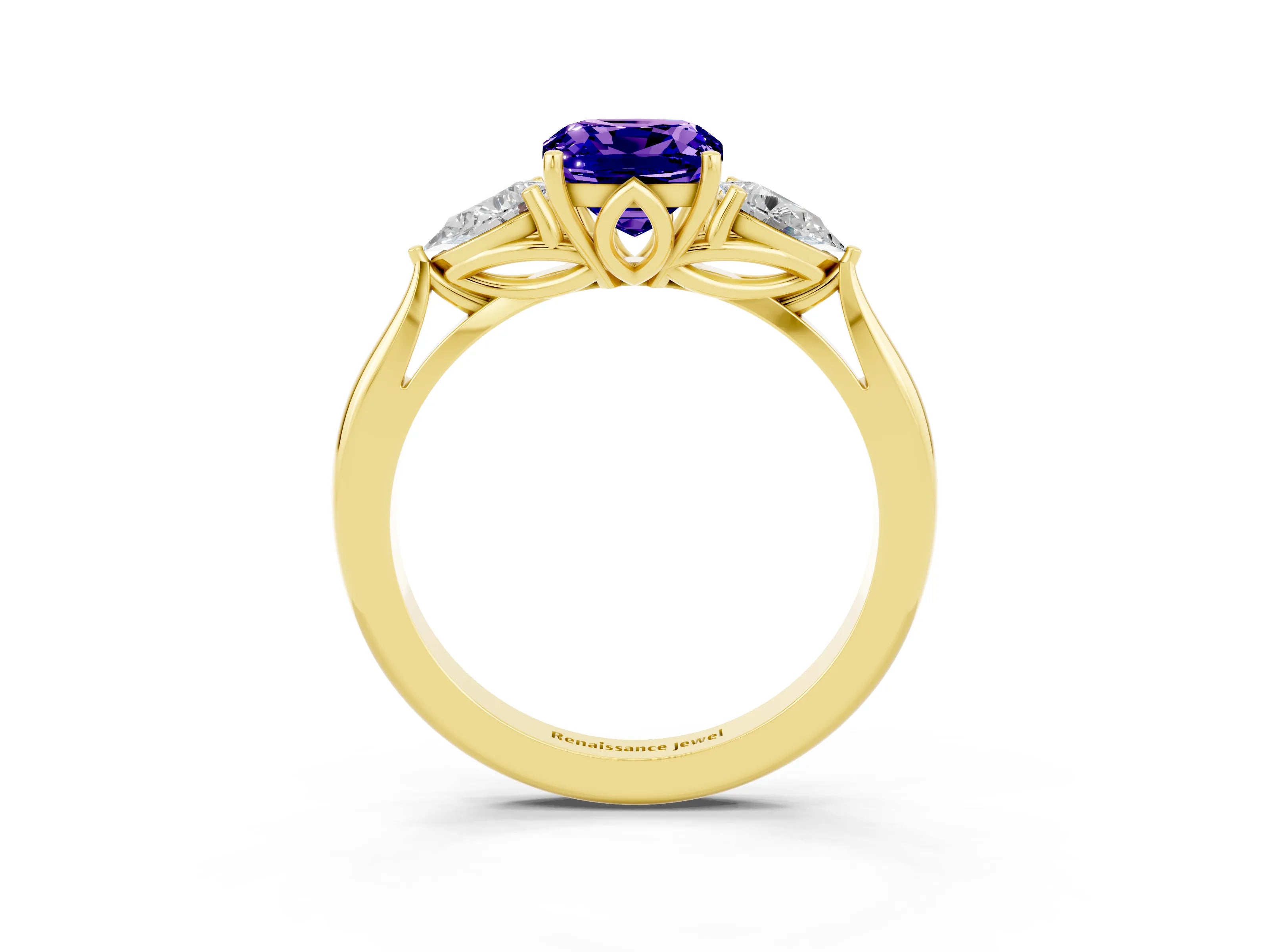 Yellow gold Three-Stone Cushion Cut Cut Diamond Ring with Pear Side Stones in Four-Prong Setting_3